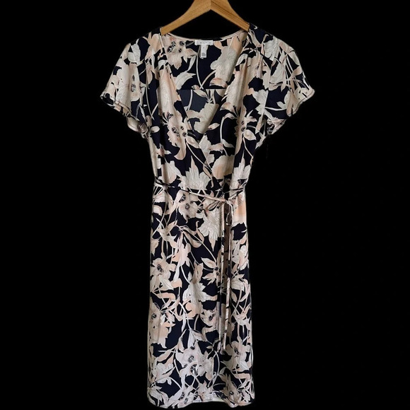 NWT Leith Nordstrom Women’s Small Floral True Wrap Dress Navy Pink Wedding Midi - Picture 3 of 6